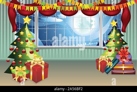 Cartoon soggiorno interno decorato per il Natale. Illustrazione Vettoriale