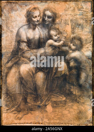 Leonardo Da Vinci, la Vergine con il Bambino e Sant'Anna e San Giovanni Battista, pittura, 1499-1500 Foto Stock