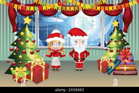 Cartoon Santa e la sig.ra Claus nel soggiorno decorato per il Natale. Illustrazione Vettoriale