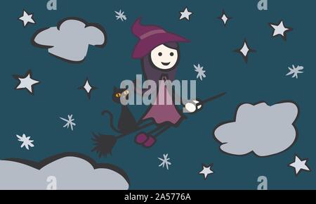 Simple strega ginestra cat abito rosa night stelle nuvole  Da jziprian Illustrazione Vettoriale