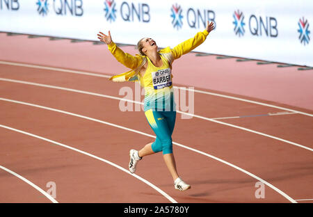 Australia Kelsey-Lee Barbiere celebra l'oro in donne del lancio del giavellotto Finale Foto Stock