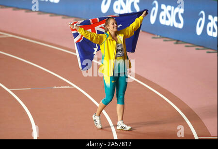 Australia Kelsey-Lee Barbiere celebra l'oro in donne del lancio del giavellotto Finale Foto Stock