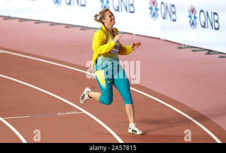 Australia Kelsey-Lee Barbiere celebra l'oro in donne del lancio del giavellotto Finale Foto Stock