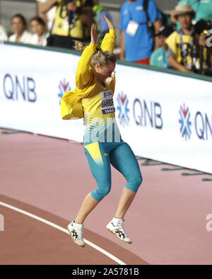 Australia Kelsey-Lee Barbiere celebra l'oro in donne del lancio del giavellotto Finale Foto Stock