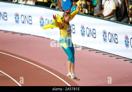 Australia Kelsey-Lee Barbiere celebra l'oro in donne del lancio del giavellotto Finale Foto Stock