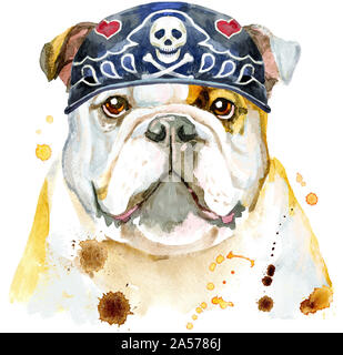 Ritratto ad acquerello del bulldog indossando bandana biker Foto Stock