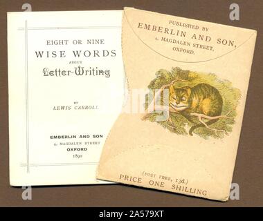 Il Paese delle Meraviglie Postage-Stamp caso che mostra il retro del coperchio e opuscolo Letter-Writing 1890 da Lewis Carroll Foto Stock