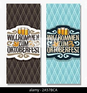 Vettore banner verticale per l'Oktoberfest con copia spazio, maple leaf e pretzel, vetreria con bevande alcoliche, invito per la festa della birra con ori Illustrazione Vettoriale