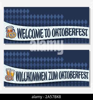 Banner di vettore per l'Oktoberfest con copia spazio, invitare con pretzel bavarese, vetreria con bevande alcoliche, biglietti per il tedesco del festival della birra wit Illustrazione Vettoriale