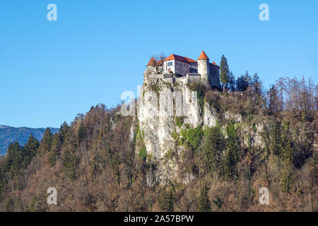 Castello di Bled costruito sulla cima di una scogliera che si affaccia sul lago di Bled, situato a Bled, Slovenia. Foto Stock