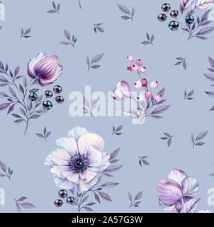 Acquerello di anemoni seamless pattern. Dipinto a mano superficie floreale design con mazzi di fiori e di perle nere. Fiori di magenta su sfondo blu per Foto Stock