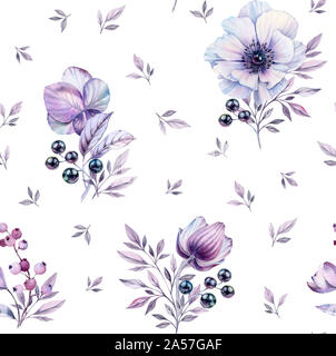 Acquerello anemoni bianchi seamless pattern. Dipinto a mano superficie floreale design con piccole foglie di colore viola. Magenta mazzi isolato su bianco per Foto Stock