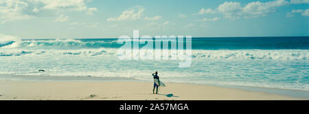 Surfer permanente sulla spiaggia, North Shore Oahu, Hawaii, STATI UNITI D'AMERICA Foto Stock