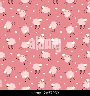 Girlish seamless pattern con simpatici ovini e forme di cuore. Funny animals in diverse pose su sfondo rosa. Appartamento illustrazione vettoriale. Illustrazione Vettoriale