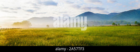 Campo con le montagne sullo sfondo, Cades Cove, Great Smoky Mountains National Park, Blount County, Tennessee, Stati Uniti d'America Foto Stock