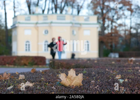 Carskoe Selo, San Pietroburgo, Russia - 15 Ottobre 2019: i turisti stanno camminando in autunno Catherine Park vicino al capanno SUPERIORE PADIGLIONE Foto Stock