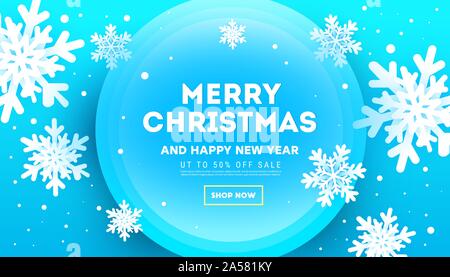 Creative banner di Natale con fiocchi di neve di tipo volumetrico e decor glitter su uno sfondo blu per orizzontale poster, cartoline di auguri, intestazioni, sito web Illustrazione Vettoriale