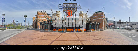 Comerica Park Baseball Stadium e ingresso esterno, Detroit, Michigan, Stati Uniti d'America Foto Stock