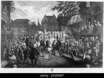 Washington's trionfale ingresso a New York, nov. 25th, 1783 Abstract: Stampa Mostra George Washington e altri ufficiali militari cavalcare lungo la strada (al visualizzatore è di destra), linea di spettatori la strada e gli altri osservano da balconi e attraverso le finestre. Foto Stock