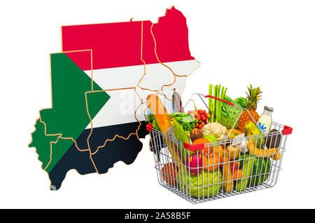 Il potere di acquisto e cesto di mercato in Sudan concetto. Carrello con mappa sudanese, rendering 3D isolati su sfondo bianco Foto Stock