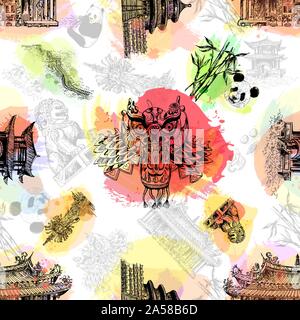 Modello senza giunture di mano il bozzetto style Cina gli oggetti correlati isolati su sfondo bianco. Illustrazione Vettoriale. Illustrazione Vettoriale