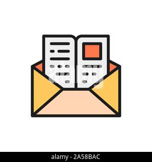 Lettera con una pagina, invito a studiare, busta posta piatta linea colore icona. Illustrazione Vettoriale