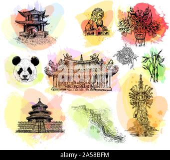 Set di disegnato a mano stile sketch la Cina gli oggetti correlati isolati su sfondo bianco. Illustrazione Vettoriale. Illustrazione Vettoriale