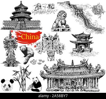 Set di disegnato a mano stile sketch la Cina gli oggetti correlati isolati su sfondo bianco. Illustrazione Vettoriale. Illustrazione Vettoriale