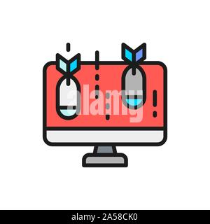 Computer con bomb, virus piatta linea colore icona. Illustrazione Vettoriale