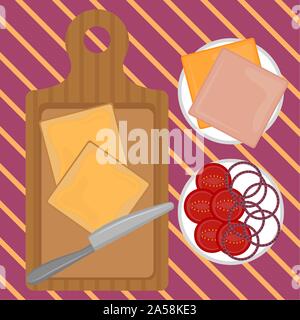 Formaggio e prosciutto preparazione sandwich. La preparazione del cibo - illustrazione vettoriale Illustrazione Vettoriale