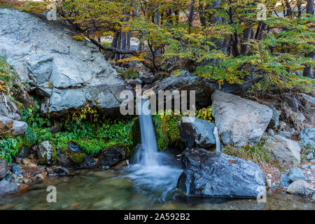 La cascata nel bosco con alberi colorati durante la stagione autunnale Foto Stock