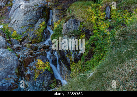 La cascata nel bosco con alberi colorati durante la stagione autunnale Foto Stock