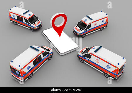 Banda di ambulanza con lo smartphone e il pin marcatore. Il rendering 3D Foto Stock