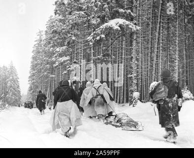 Didascalia originale: truppe americane trascina un carico pesante della slitta di munizioni attraverso la neve che si trasferiscono da un attacco su Herresbach, Belgio. 1/28/45. 1bn., Co. C., 325Glider Reg't., 82A/B Div. Foto Stock