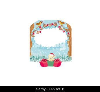 Un bellissimo biglietto di auguri di Natale con gli uccelli e un simpatico orso in un cappello da Babbo Natale Illustrazione Vettoriale