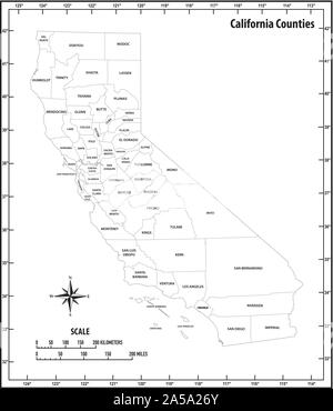 Lo stato della California delineare politica e amministrativa di mappa in bianco e nero Illustrazione Vettoriale