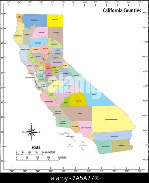 Lo stato della California delineare politica e amministrativa di mappa a colori Illustrazione Vettoriale