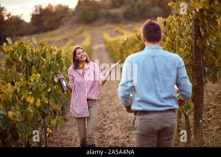 Autumn harvest uva.La raccolta delle uve.Felice giovane donna con il vino in vigna Foto Stock