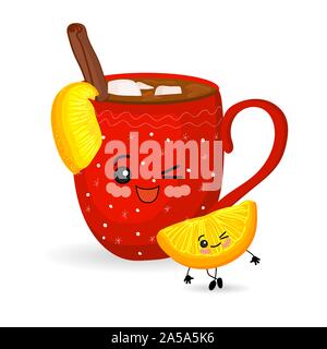 Bevande d'inverno. Cartoon cup. Tè con limone. Cioccolato con marshmallows. Carattere con gli occhi e una faccia felice. Concetto di natale.. Illustrazione Vettoriale