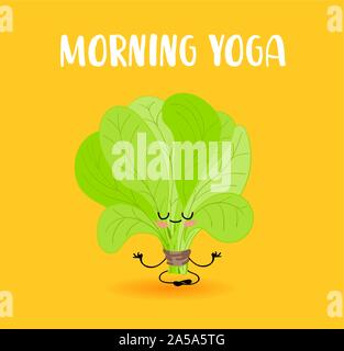 Gli spinaci. Foglie di lattuga. Vegane e cibo vegetariano. Yoga vegetali. Carattere con gli occhi e le mani.. Illustrazione Vettoriale