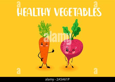Carino verdure per bambini. Il vegetarianismo. Carote e ravanelli. I caratteri con sorriso.. Illustrazione Vettoriale