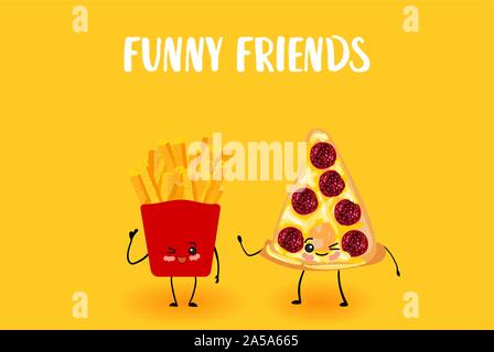 Pizza e patatine fritte. Fast food. Carattere con le braccia e le gambe. Illustrazione Vettoriale