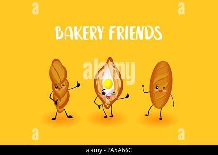 Caratteri da forno. Il cibo proveniente da farina. Pane e focaccia.. Illustrazione Vettoriale