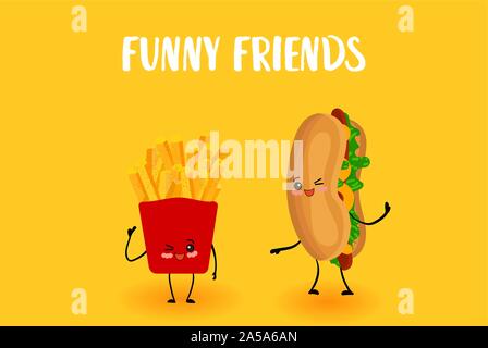 Hot Dog e patatine fritte. Carattere con sorriso.. Illustrazione Vettoriale