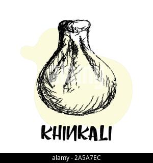 Khinkali. Cucina georgiana. Logo per khinkalnoy. Gnocchi. Disegno a matita. Illustrazione Vettoriale