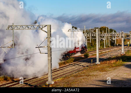 Northamptonshire, Regno Unito. Il 19 ottobre 2019. Locomotiva a vapore 46233 Duchessa di Sutherland e la Yorkshireman Railtour passa attraverso Northamptonshire vicino Isham a 0909 questa mattina, tra Wellingborough e Kettering. La Duchessa di Sutherland è stato costruito nel 1938 come una elevata velocità del treno passeggeri, il trasporto di passeggeri tra Londra Euston e Glasgow Central. Credito: Keith J Smith./Alamy Live News Foto Stock
