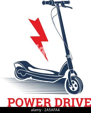 Scooter elettrico blu scuro con icona fulmine. Trasporto ecologico. Illustrazione Vettoriale