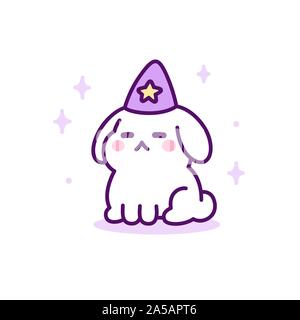 Magic bunny cartoon doodle, semplice kawaii bunny nella procedura guidata hat. Vector clip art illustrazione. Illustrazione Vettoriale
