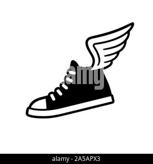 Sneaker con ali il logo in bianco e nero il disegno. Classic calzatura sportiva illustrazione vettoriale. Illustrazione Vettoriale