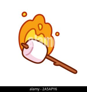 Marshmallow tostato sul bastone con fiamma di fuoco, semplice e carino stile cartoon clip art illustrazione. Illustrazione Vettoriale